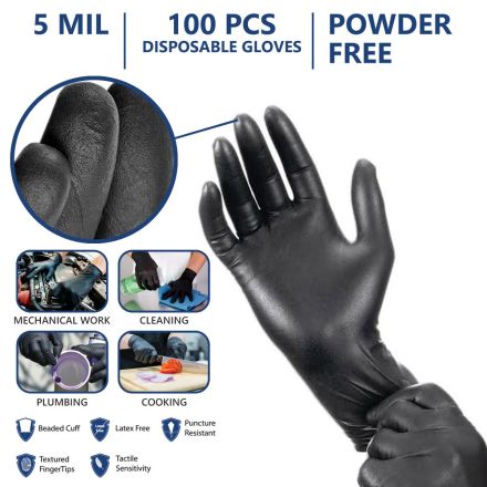 Big Horn 40311 5 MIL Black Powder-Free Nitrile Disposable Gloves - (Large Size)